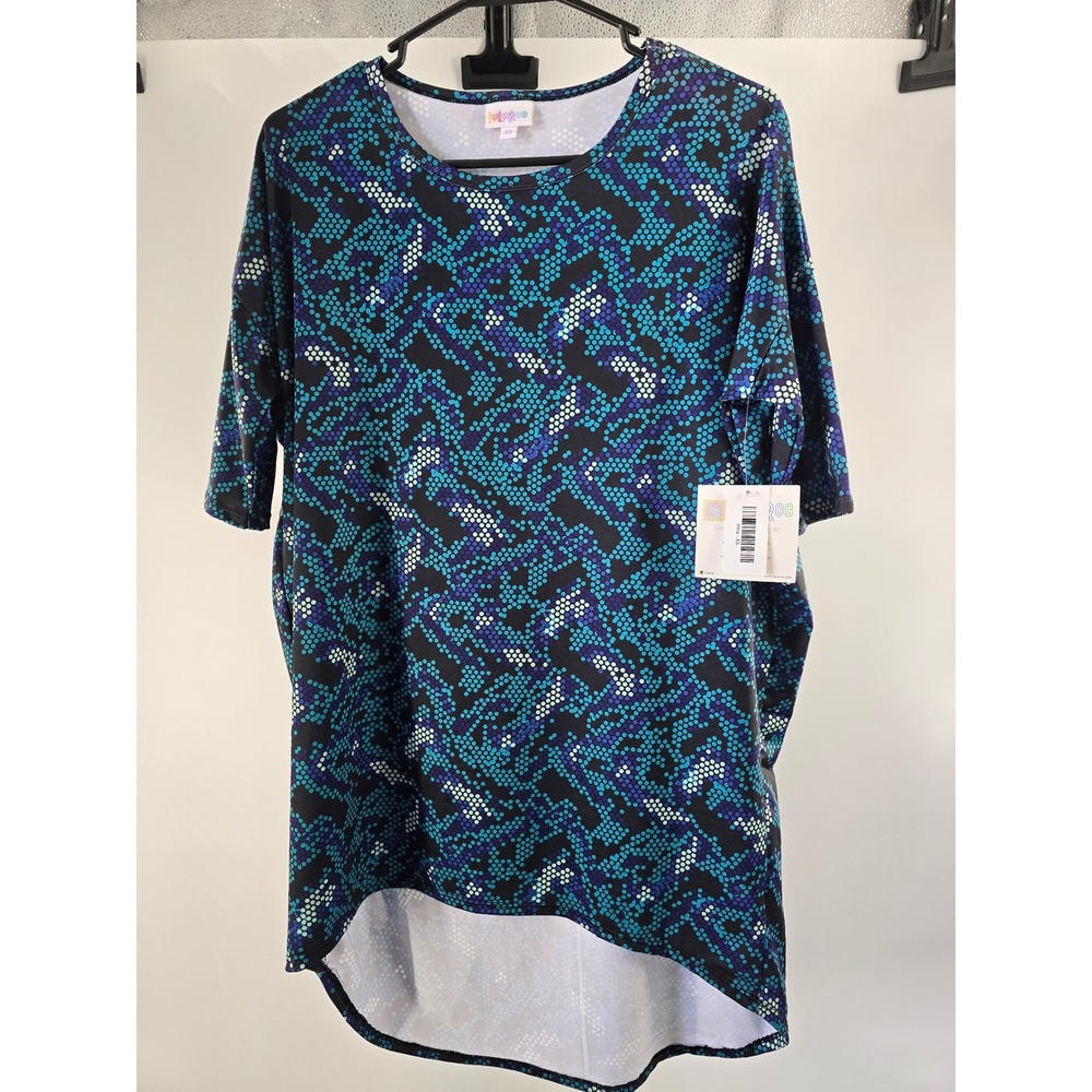 LuLaRoe Irma Tunic Top XS Blue Teal Geometric Dot Mosaic High Low New‎ With Tags